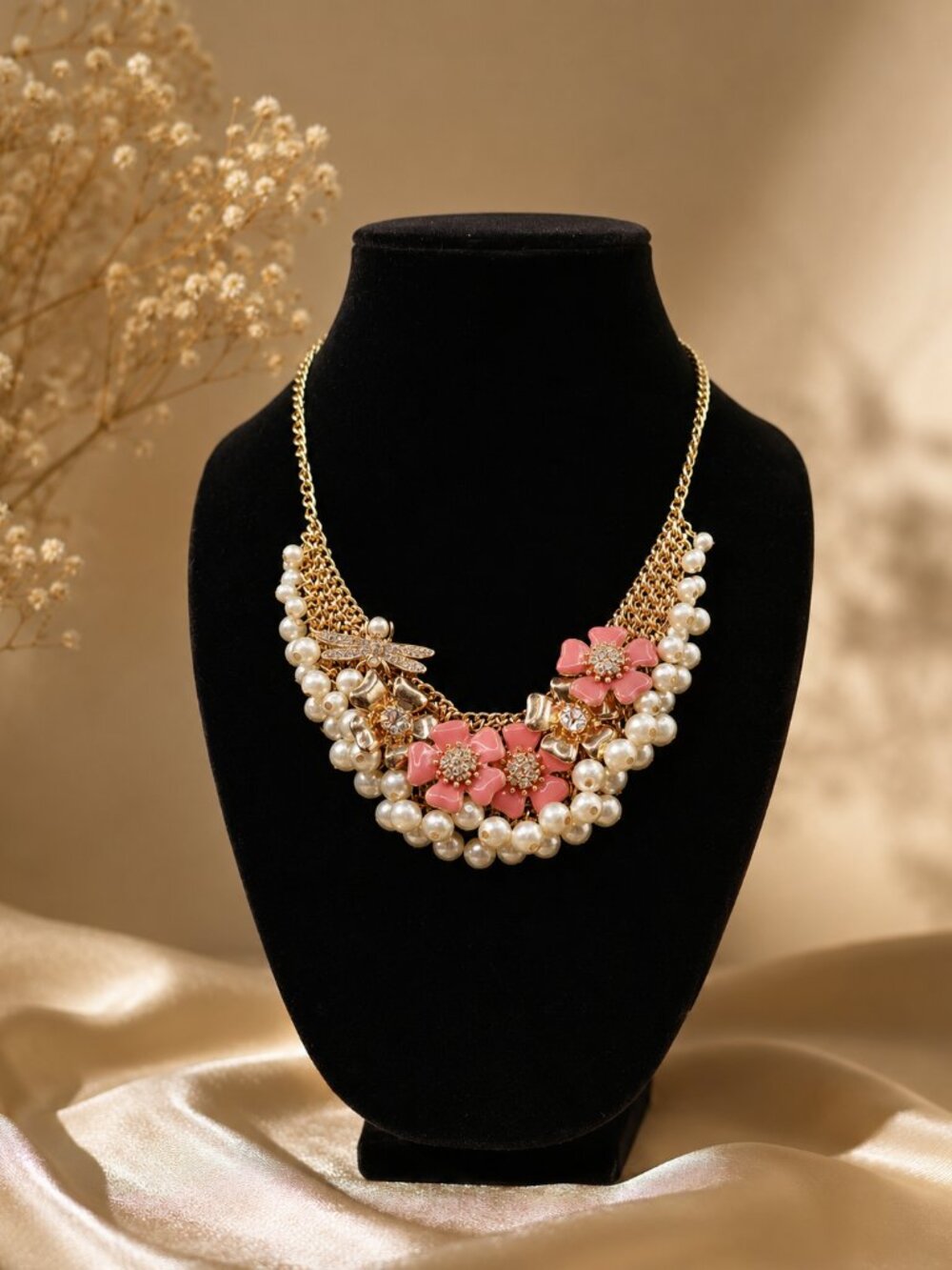 Talbots Floral Statement Necklace Pink Enamel Faux Pearl Gold Tone 21"